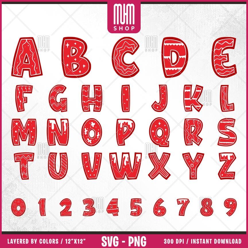 Christmas Alphabet With Numbers Svg, 108 Designs, Cartoon Characters, Layered Svg by colors, Transparent Png, Easy cut files for Cricut.