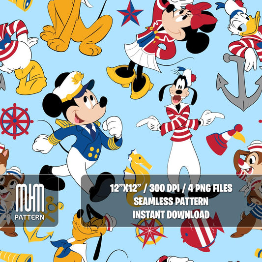 Seamless Pattern PNG, Mouse And Friends Cruise Line, Cartoon Characters, Repeated Fabric Design Sublimation, Ready for Textile Prints.