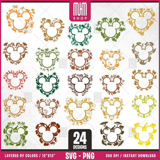 Mouse Ears Svg, Safari Ears, 24 Designs Easy to use, Cartoon Characters , Layered Svg by colors, Transparent Png, Easy cut files for Cricut.