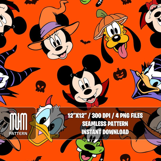 Seamless Pattern PNG, Mouse and Friends Halloween, Mouse Head, Cartoon Characters, Fabric Design Sublimation, Ready for Textile Prints.