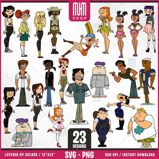 Total Drama Svg Png Set4, 23 Designs Easy to use, Cartoon Characters Cliparts, Layered Svg by colors, Transparent Png, Cut files for Cricut.