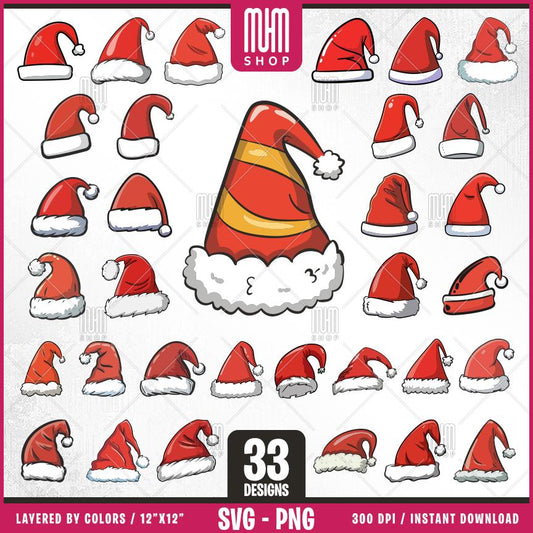 Christmas Santa Hat Bundle Svg Png, 33 Designs Easy to use, Xmas Hat Bundle svg, Noel Hat, Happy New Year T-Shirt, Easy cut files for Cricut