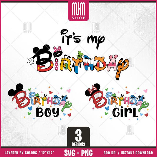 Birthday Mouse Svg Png, 3 Designs Easy to use, Cartoon Characters, Disneyland, Layered Svg by colors, Transparent Png, Cut files for Cricut.