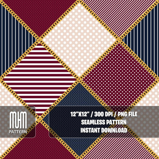 Seamless Pattern, Golden Chains with Dots and Lines on Diamond Shapes, Modern Design, Fabric Design Sublimation, Ready for Textile Prints.