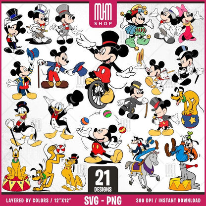 Mouse And Friends At Circus Svg Png, 21 Designs Easy to use Cartoon Characters, Layered Svg by colors, Transparent Png, Cut Files for Cricut