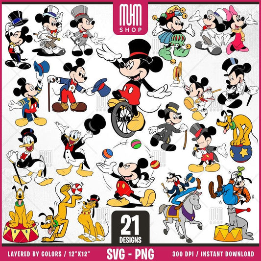 Mouse And Friends At Circus Svg Png, 21 Designs Easy to use Cartoon Characters, Layered Svg by colors, Transparent Png, Cut Files for Cricut