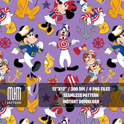 Seamless Pattern PNG, Mouse And Friends Cruise Line, Cartoon Characters, Repeated Fabric Design Sublimation, Ready for Textile Prints.