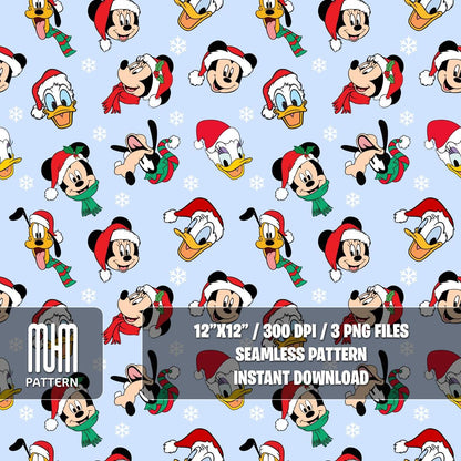 Seamless Pattern PNG, Merry Christmas, Mouse and Friends, Cartoon Characters, Xmas Day, Fabric Design Sublimation, Ready for Textile Prints.
