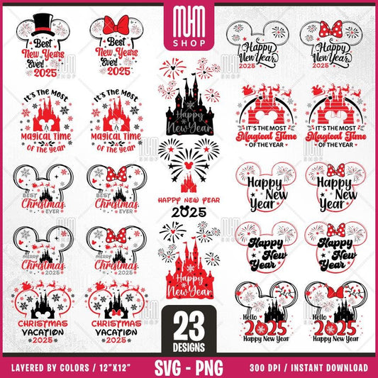 Magical Merry Christmas 2025 Svg Png, 23 Designs Easy to use, Magical Kingdom Bundle, Family Trip, Castel, Mouse Head, Cut files for Cricut.
