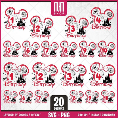Mouse Head Birthday Birthday Svg Png, 20 Designs Easy to use Cartoon Characters, Layered Svg by colors, Transparent Png Cut files for Cricut