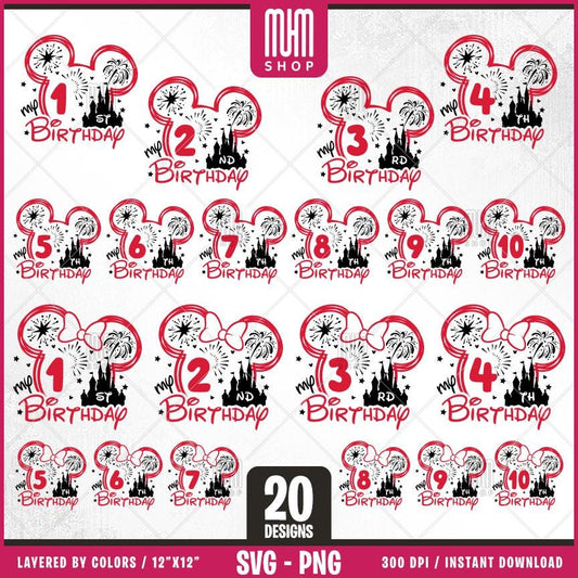 Mouse Head Birthday Birthday Svg Png, 20 Designs Easy to use Cartoon Characters, Layered Svg by colors, Transparent Png Cut files for Cricut