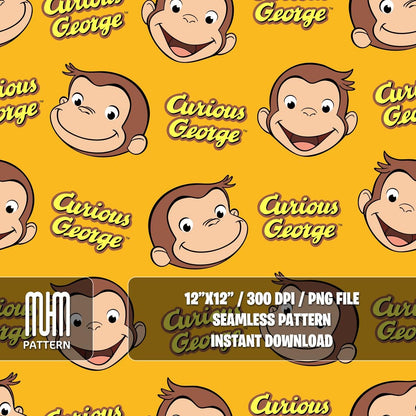 Seamless Pattern PNG, Curious George, Cartoon Characters, Banana George Monkey, Fabric Design Sublimation, Ready for Textile Prints.