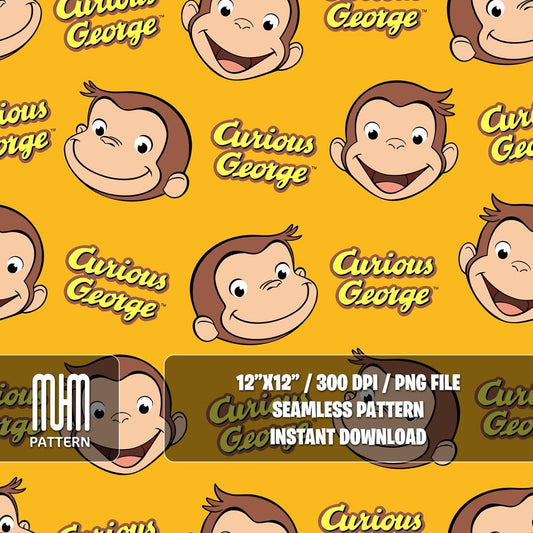 Seamless Pattern PNG, Curious George, Cartoon Characters, Banana George Monkey, Fabric Design Sublimation, Ready for Textile Prints.