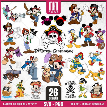 Mouse And Friends Pirate Svg, 26 Designs Easy to use, Cartoon Characters, Layered Svg by colors, Transparent Png, Easy cut files for Cricut.