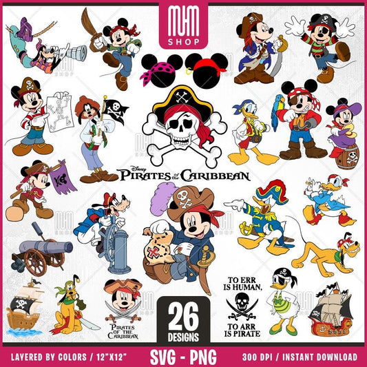 Mouse And Friends Pirate Svg, 26 Designs Easy to use, Cartoon Characters, Layered Svg by colors, Transparent Png, Easy cut files for Cricut.