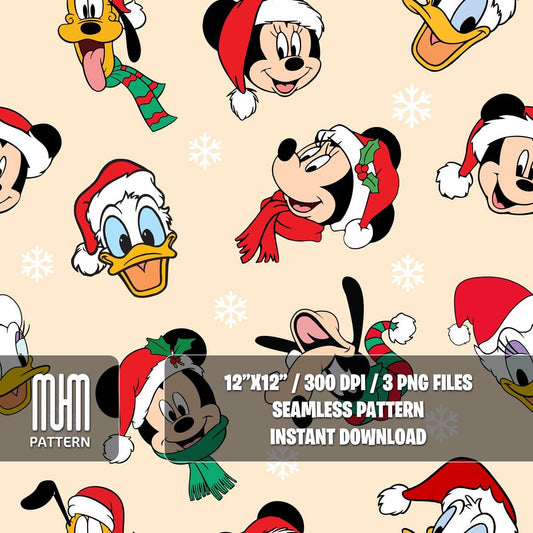 Seamless Pattern PNG, Merry Christmas, Mouse and Friends, Cartoon Characters, Xmas Day, Fabric Design Sublimation, Ready for Textile Prints.