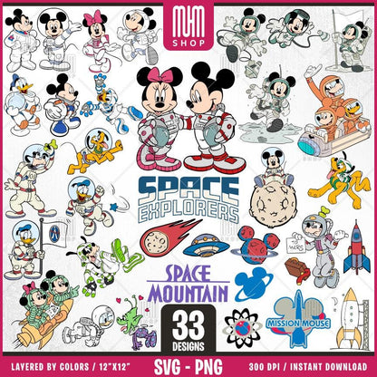 Mouse And Friends Astronaut Svg Png, 33 Designs Easy to use Cartoon Characters Layered Svg by colors, Transparent Png, Cut Files for Cricut.