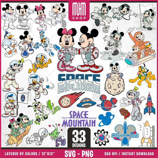 Mouse And Friends Astronaut Svg Png, 33 Designs Easy to use Cartoon Characters Layered Svg by colors, Transparent Png, Cut Files for Cricut.