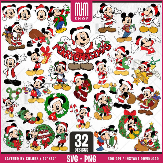 Mouse Merry Christmas Svg Png, 32 Designs Easy to use Cartoon Characters, Layered Svg by colors, Transparent Png, Easy cut files for Cricut.