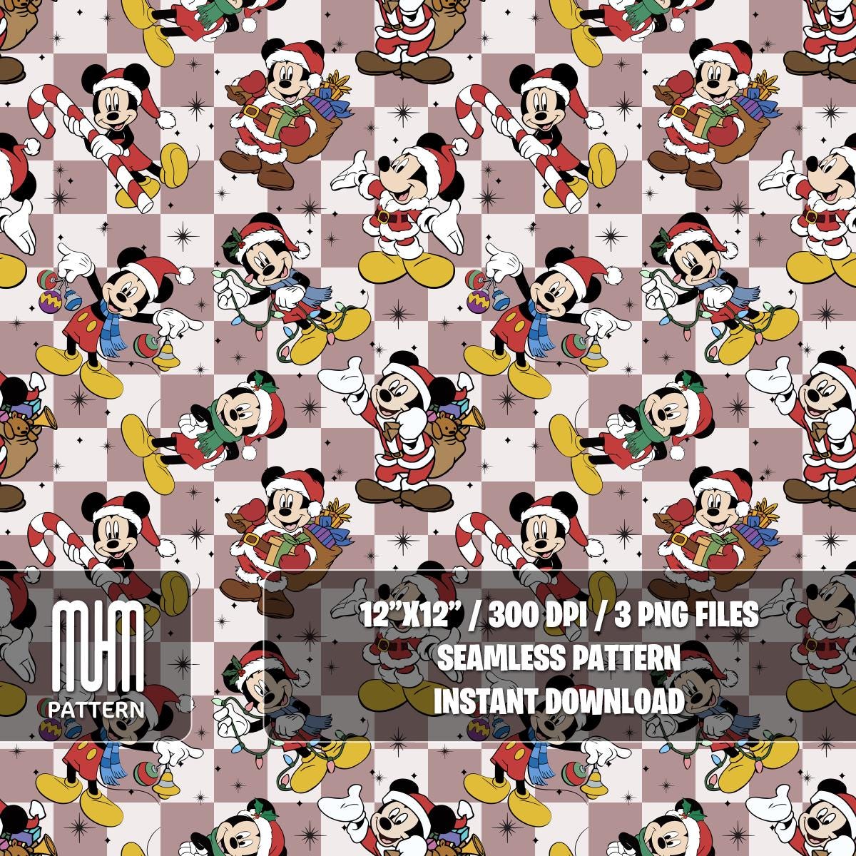 Seamless Pattern PNG, Merry Christmas, Mouse and Friends, Cartoon Characters, Noel Day, Fabric Design Sublimation, Ready for Textile Prints.