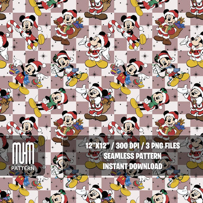 Seamless Pattern PNG, Merry Christmas, Mouse and Friends, Cartoon Characters, Noel Day, Fabric Design Sublimation, Ready for Textile Prints.
