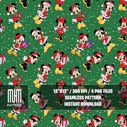 Seamless Pattern PNG, Merry Christmas, Minnie Mouse Xmas, Cartoon Characters, Noel Day, Fabric Design Sublimation, Ready for Textile Prints.