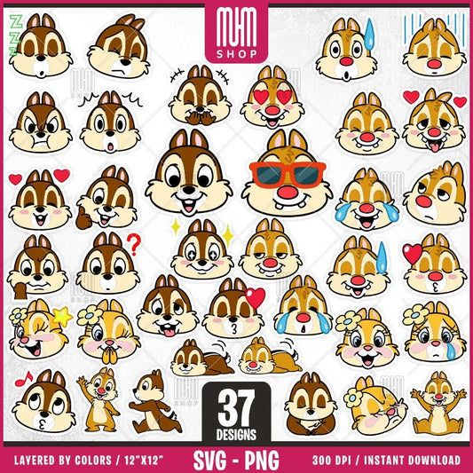 Stickers Chip And Dale Svg, 37 Designs Easy to use, Cartoon Characters, Layered Svg by colors, Transparent Png, Easy cut files for Cricut.