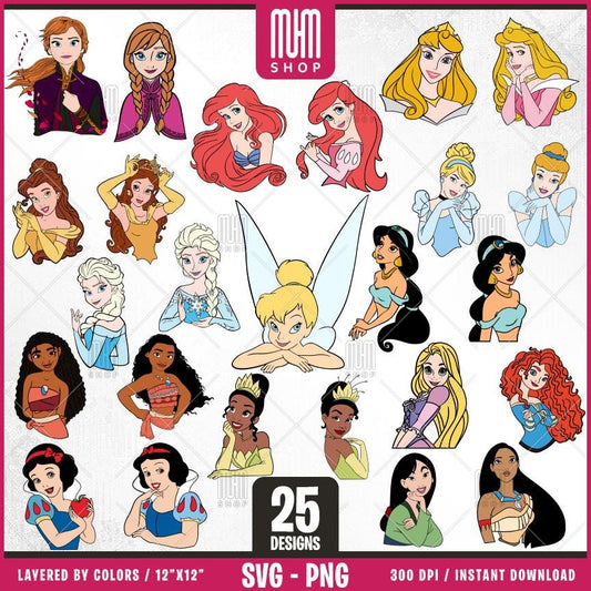 Princesses Bundle Svg, 25 Designs Easy to use, Cartoon Characters Clipart, Layered Svg by colors, Transparent Png, Easy cut files for Cricut