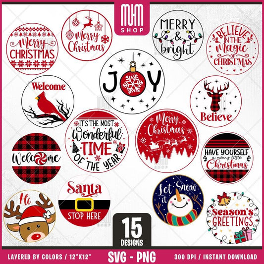 Christmas Round Sign Bundle Svg Png, 15 Designs Easy to use, Joy svg, Noel, Greetings, Happy New Year T-Shirt, Easy cut files for Cricut.