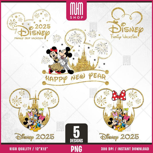 Golden Family Trip 2025 Png, 5 Designs Easy to use, Magical Kingdom Bundle, Happy New Year 2025, Castel, Mouse Head, Cut files for Cricut.