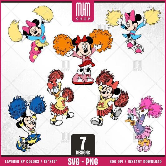 Minnie And Daisy Cheer Leader Svg Png, 7 Designs Easy to use, Cartoon Characters, Layered Svg by colors, Transparent Png, Files for Cricut.