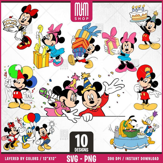 Birthday Mouse and Friends Svg, 10 Designs Easy to use Cartoon Characters, Layered Svg by colors, Transparent Png, Easy cut files for Cricut