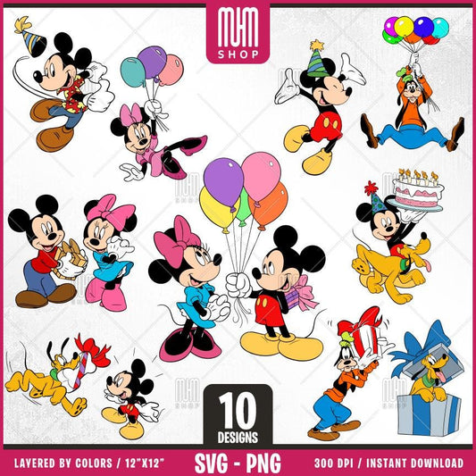 Birthday Mouse and Friends Svg, 10 Designs Easy to use Cartoon Characters, Layered Svg by colors, Transparent Png, Easy cut files for Cricut