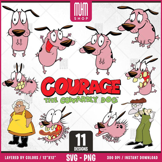 Courage The Cowardly Dog Svg Png, 11 Designs Easy to use, Cartoon Characters, Layered Svg by colors, Transparent Png, Cut files for Cricut.