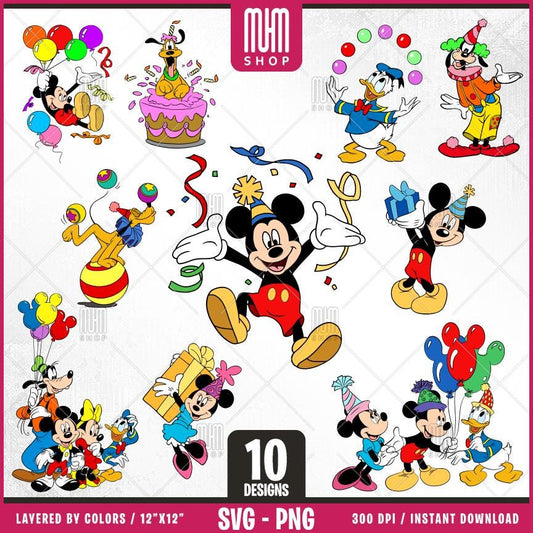 Birthday Mouse and Friends Svg, 10 Designs Easy to use Cartoon Characters, Layered Svg by colors, Transparent Png, Easy cut files for Cricut