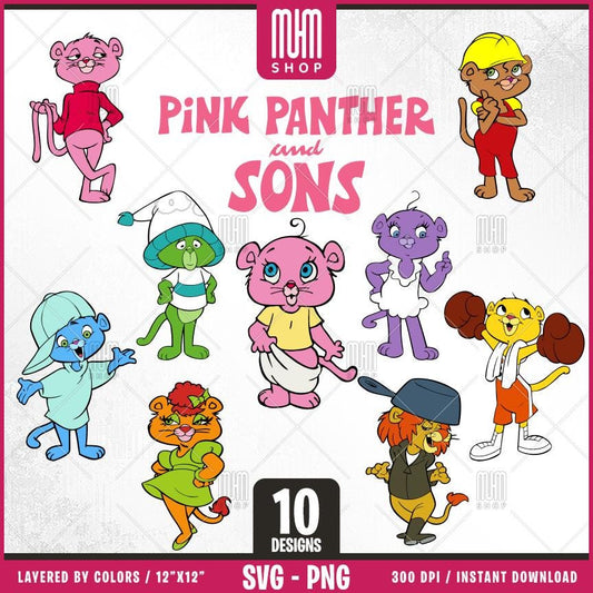 Pink Panther and Sons Svg Png, 10 Designs Easy to use, 70s, 80s, Retro Cartoon, Layered Svg by colors, Transparent Png, Cut Files for Cricut