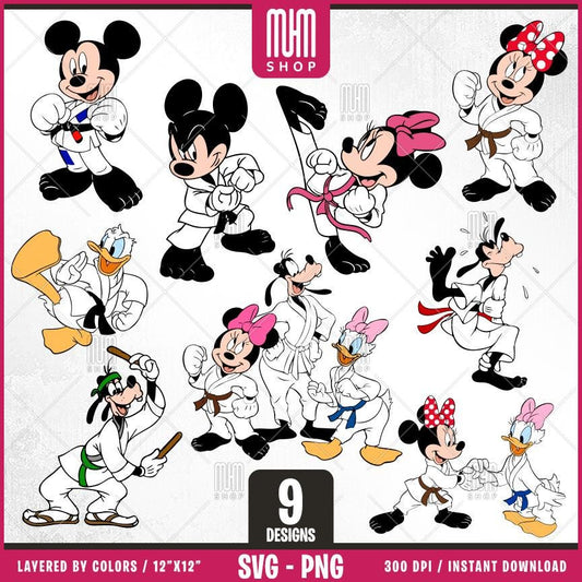 Mouse And Friends Karate Svg, 9 Designs Easy to use, Cartoon Characters, Layered Svg by colors, Transparent Png, Easy cut files for Cricut.
