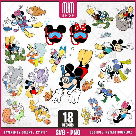 Mouse And Friends Scuba Diving Sport Svg, 18 Designs, Cartoon Characters, Layered Svg by colors, Transparent Png, Easy cut files for Cricut.