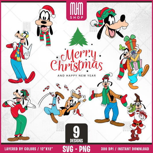 Goofy Merry Christmas Svg Png, 9 Designs Easy to use, Cartoon Characters, Layered Svg by colors, Transparent Png, Easy files for Cricut.
