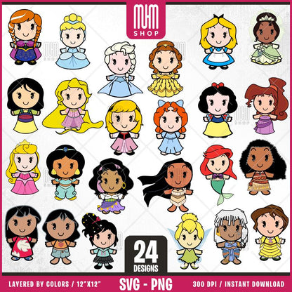 Princesses Bundle Svg, 24 Designs Easy to use, Cartoon Characters Clipart, Layered Svg by colors, Transparent Png, Easy cut files for Cricut