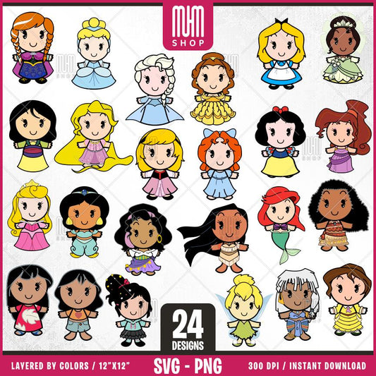 Princesses Bundle Svg, 24 Designs Easy to use, Cartoon Characters Clipart, Layered Svg by colors, Transparent Png, Easy cut files for Cricut