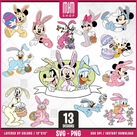 Mouse And Friends Easter Family Svg Png, 13 Designs Easy to use, Cartoon Characters, Layered Svg by colors, Transparent Png Files for Cricut