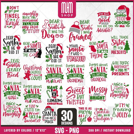 Christmas Funny Quotes Svg Png, 30 Designs Easy to use, Joy, Noel, Jingle, Merry Xmas, Ornament, Funny Quotes Png, Easy cut files for Cricut