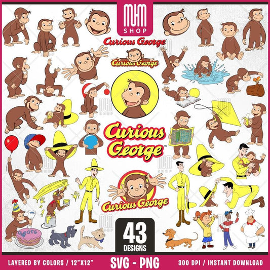 Curious George Monkey Svg Png, 43 Designs Easy to use, Cartoon Characters, Layered Svg by colors, Transparent Png, Cut files for Cricut.