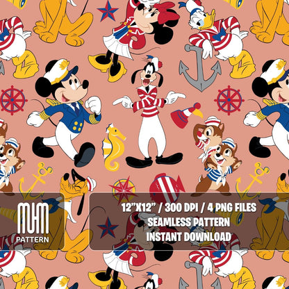Seamless Pattern PNG, Mouse And Friends Cruise Line, Cartoon Characters, Repeated Fabric Design Sublimation, Ready for Textile Prints.