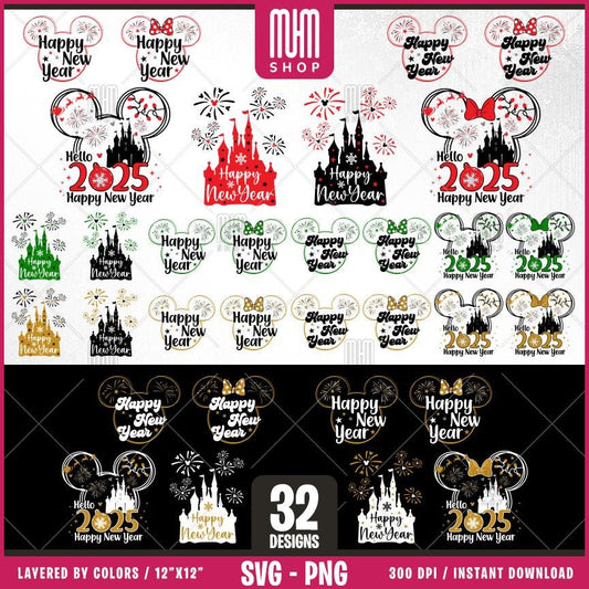 Happy New Year 2025 Svg Png, 32 Designs Easy to use, Magical Kingdom Bundle, Family Trip, Castel Svg, Mouse Head, Easy cut files for Cricut.