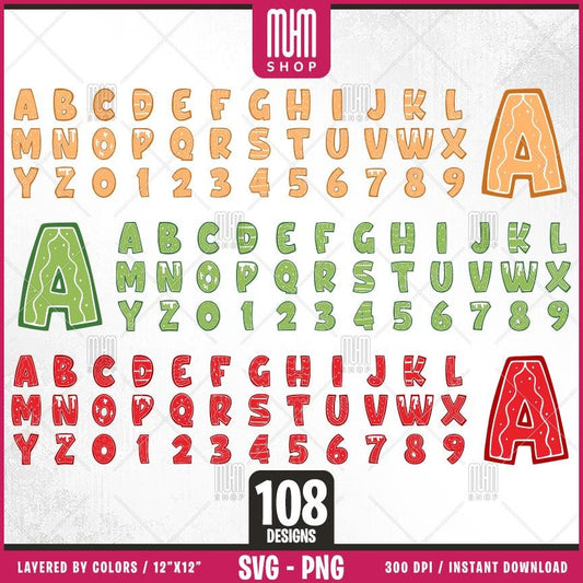 Christmas Alphabet With Numbers Svg, 108 Designs, Cartoon Characters, Layered Svg by colors, Transparent Png, Easy cut files for Cricut.