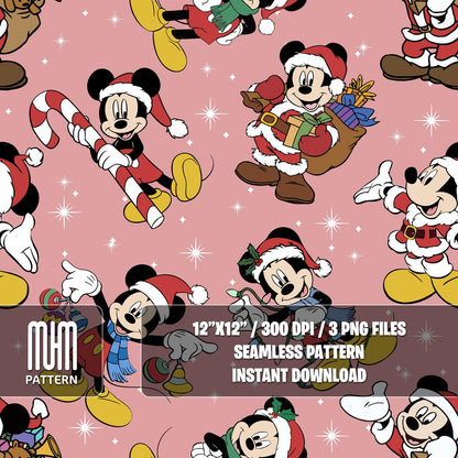 Seamless Pattern PNG, Merry Christmas, Mouse and Friends, Cartoon Characters, Noel Day, Fabric Design Sublimation, Ready for Textile Prints.