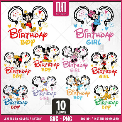 Mouse and Friends Birthday Svg Png, 10 Designs Easy to use Cartoon Characters, Layered Svg by colors, Transparent Png, Cut files for Cricut.