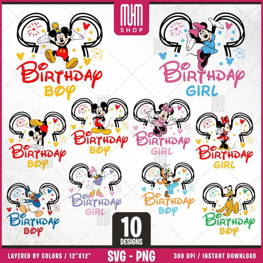 Mouse and Friends Birthday Svg Png, 10 Designs Easy to use Cartoon Characters, Layered Svg by colors, Transparent Png, Cut files for Cricut.